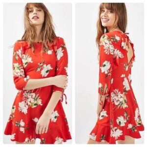 Topshop Size 8 Red Floral Fit and Flare Ruffle Keyhole Back Women's Dress